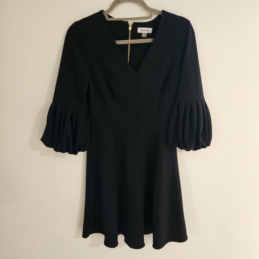 Calvin Klein Solid Black Bell Sleeve Sheath Dress Gold Exposed Zipper Size 4